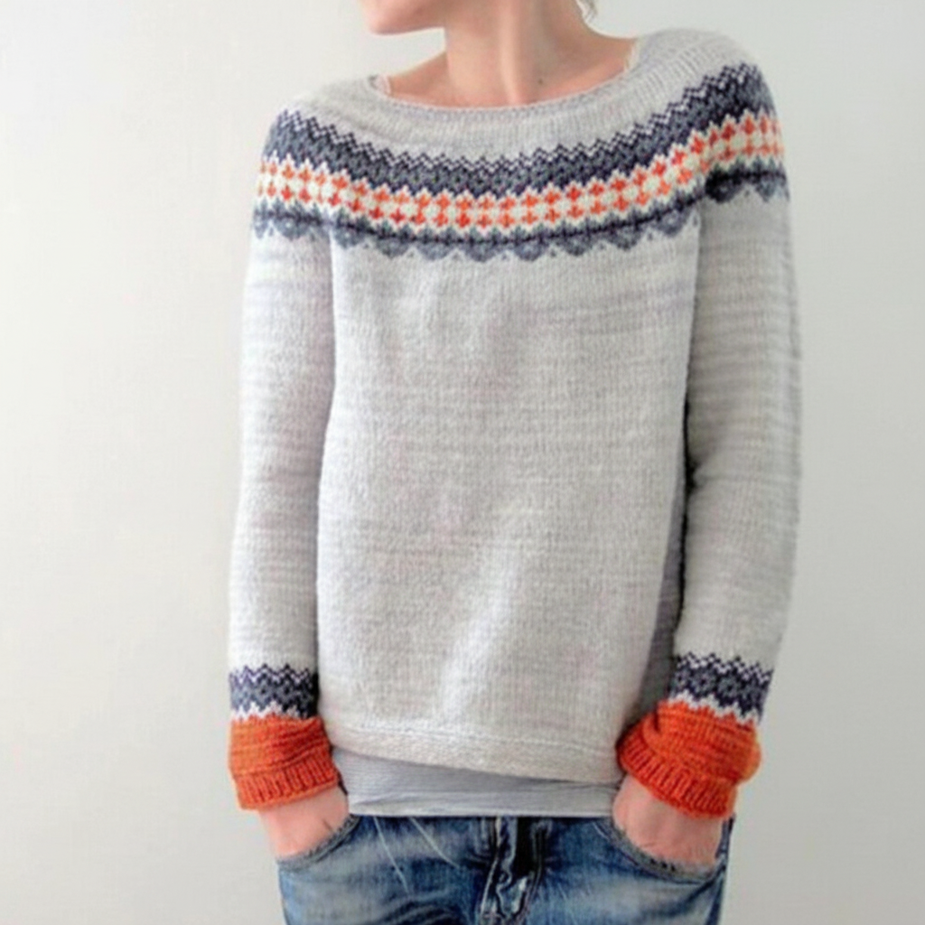 Women’s Printed Round Neck Sweater | Ribbed Cuffs