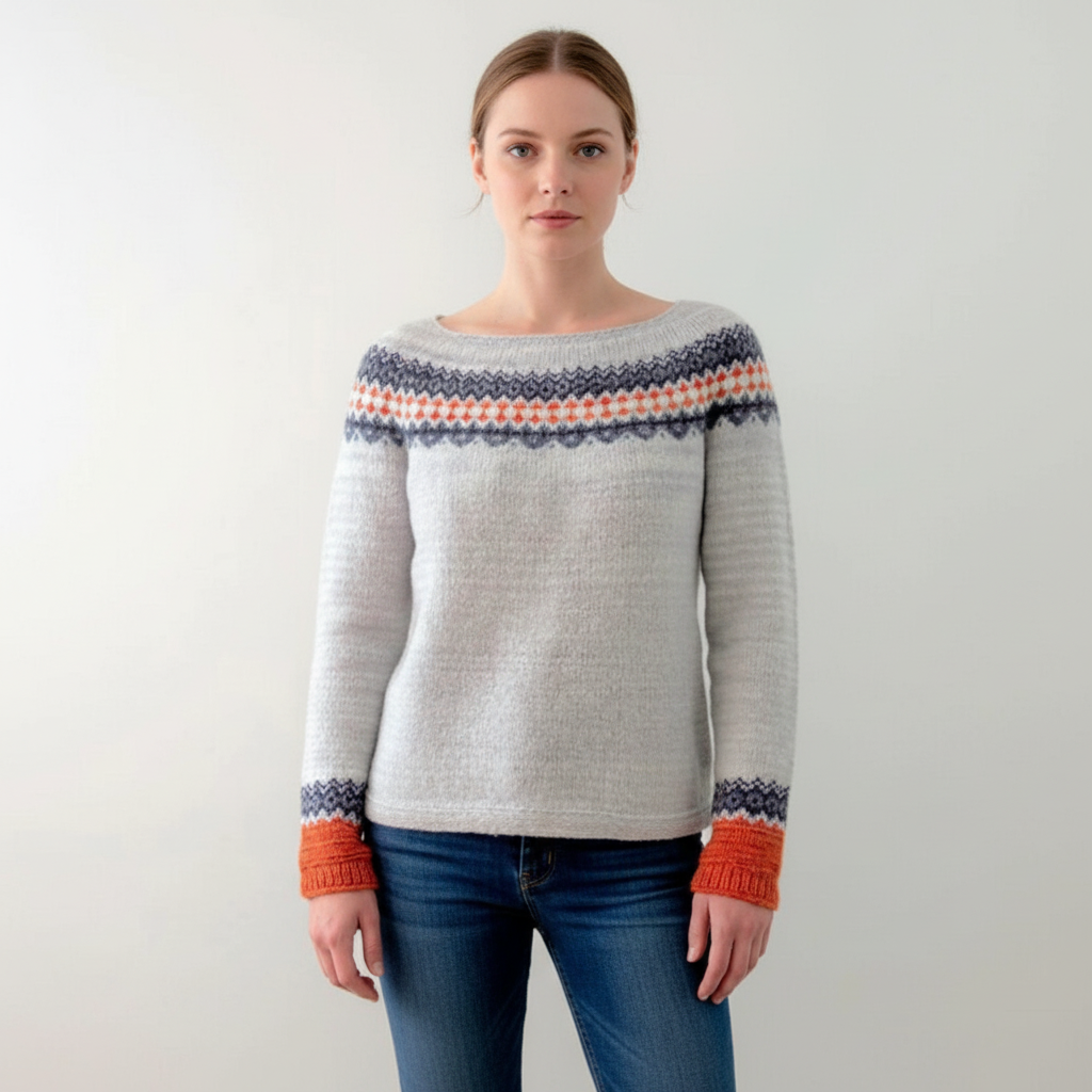 Women’s Printed Round Neck Sweater | Ribbed Cuffs