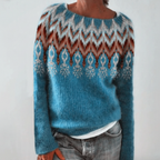 Women’s Printed Round Neck Sweater | Ribbed Cuffs