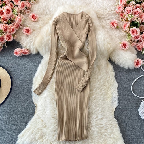 Women’s Bodycon Wrap Ribbed Knit Dress | Midi