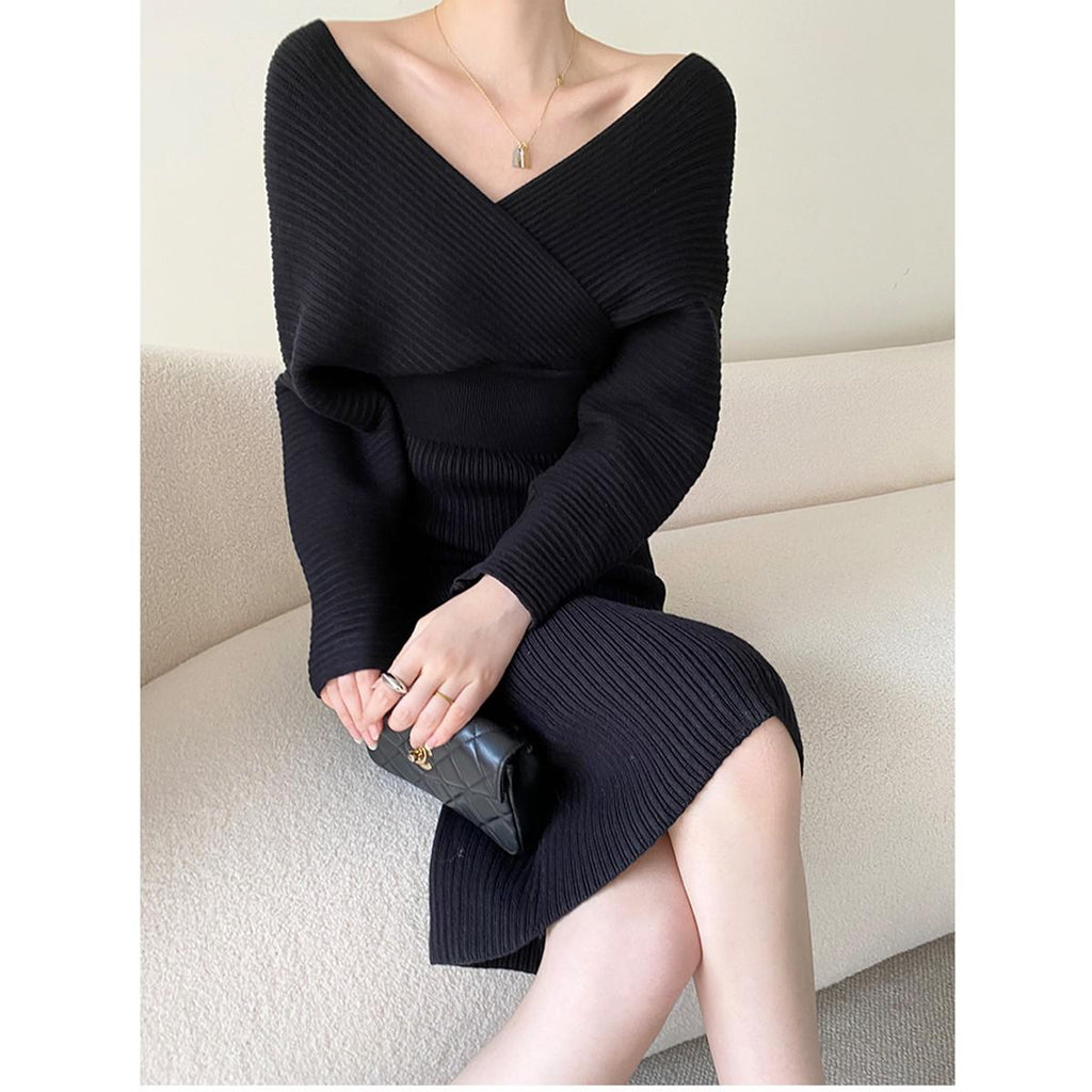 Women's Slim-Fit Wrap Ribbed Knit Midi Dress | Winter