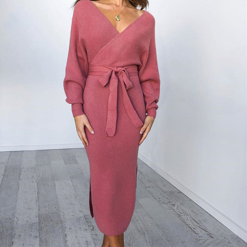 Women’s Tie Belt Wrap Knitted Dress | Midi