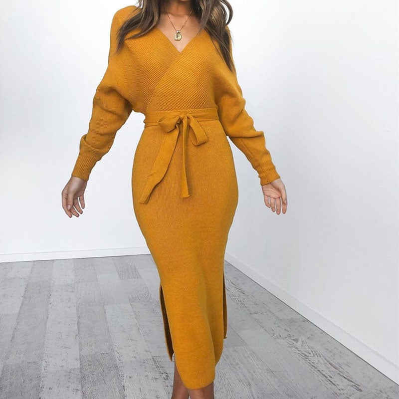 Women’s Tie Belt Wrap Knitted Dress | Midi