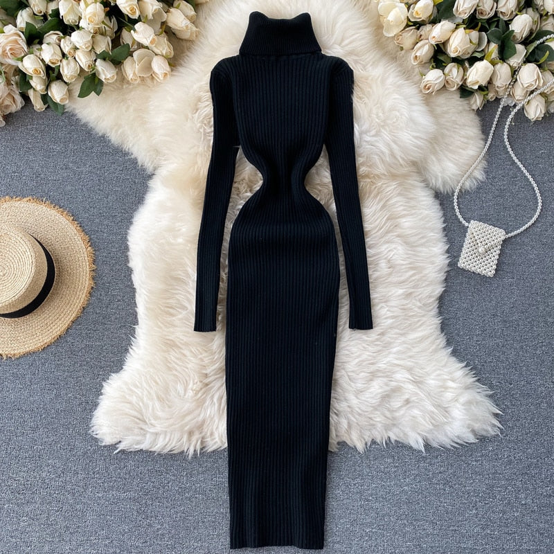 Women's Maxi Turtleneck Ribbed Sweater Dress | Winter