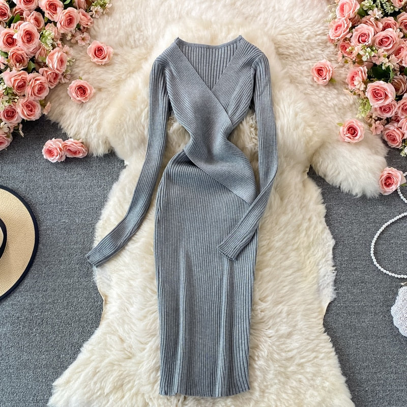 Women’s Bodycon Wrap Ribbed Knit Dress | Midi