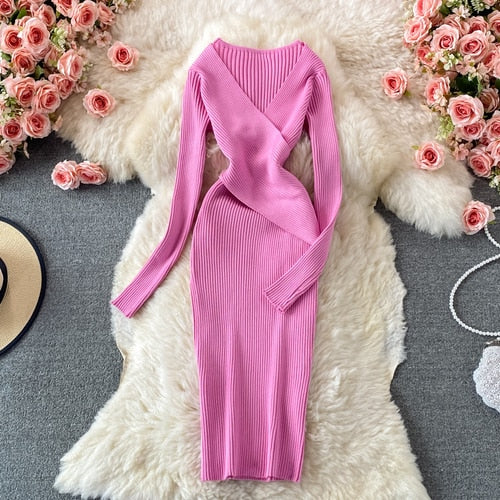 Women’s Bodycon Wrap Ribbed Knit Dress | Midi