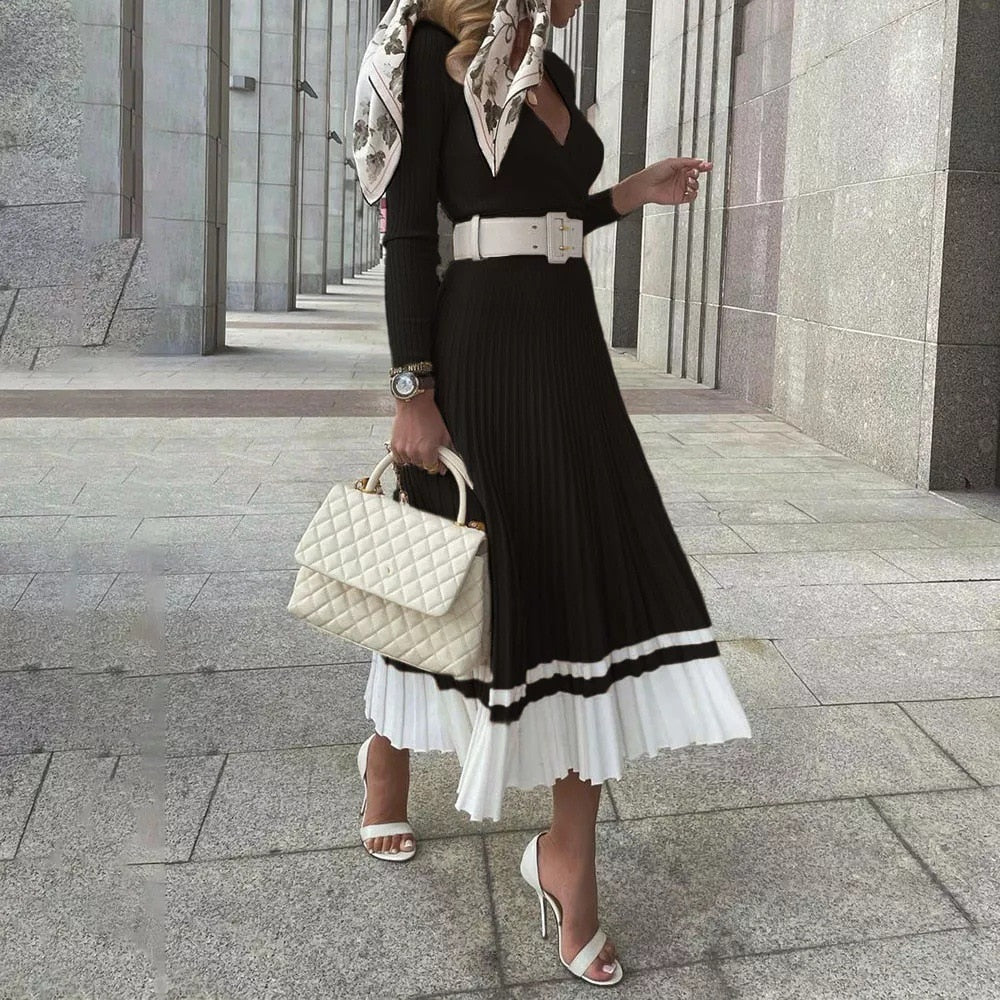 Women's Ribbed Pleated Midi Knit Dress | Waist Belt