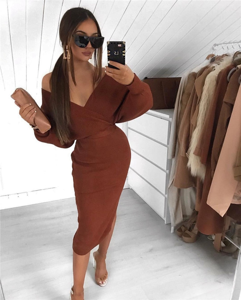 Women's Off-Shoulder Ribbed Pencil Midi Dress | Warm