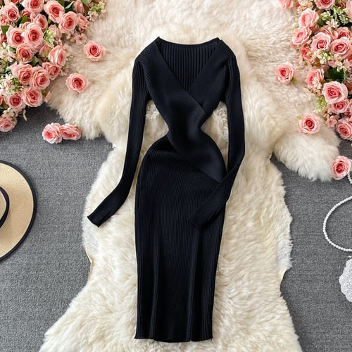 Women’s Bodycon Wrap Ribbed Knit Dress | Midi