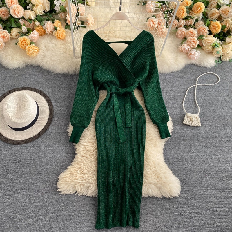 Women’s Batwing Knitted Dress with Tie Belt | Midi