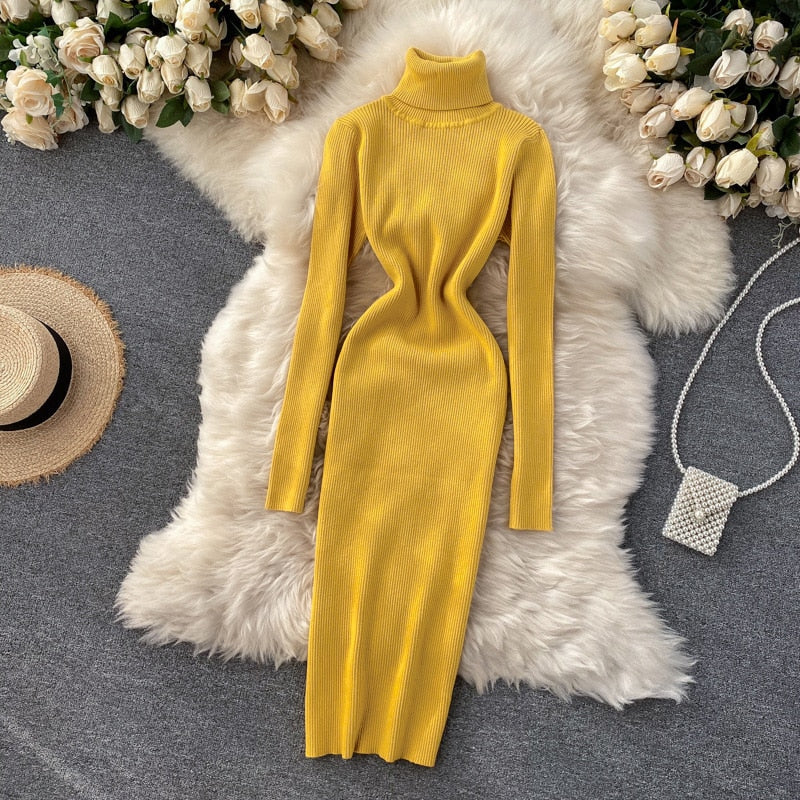 Women's Maxi Turtleneck Ribbed Sweater Dress | Winter