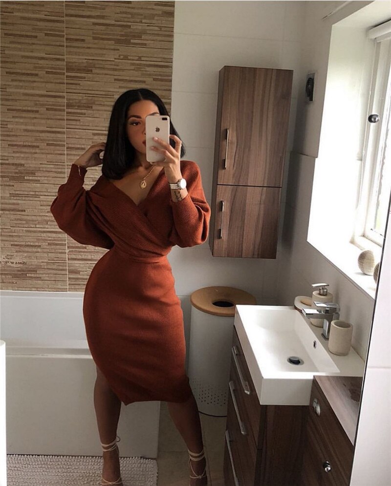 Women's Off-Shoulder Ribbed Pencil Midi Dress | Warm