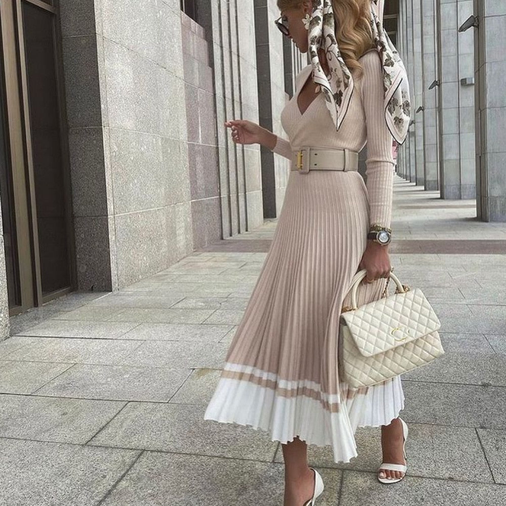 Women's Ribbed Pleated Midi Knit Dress | Waist Belt