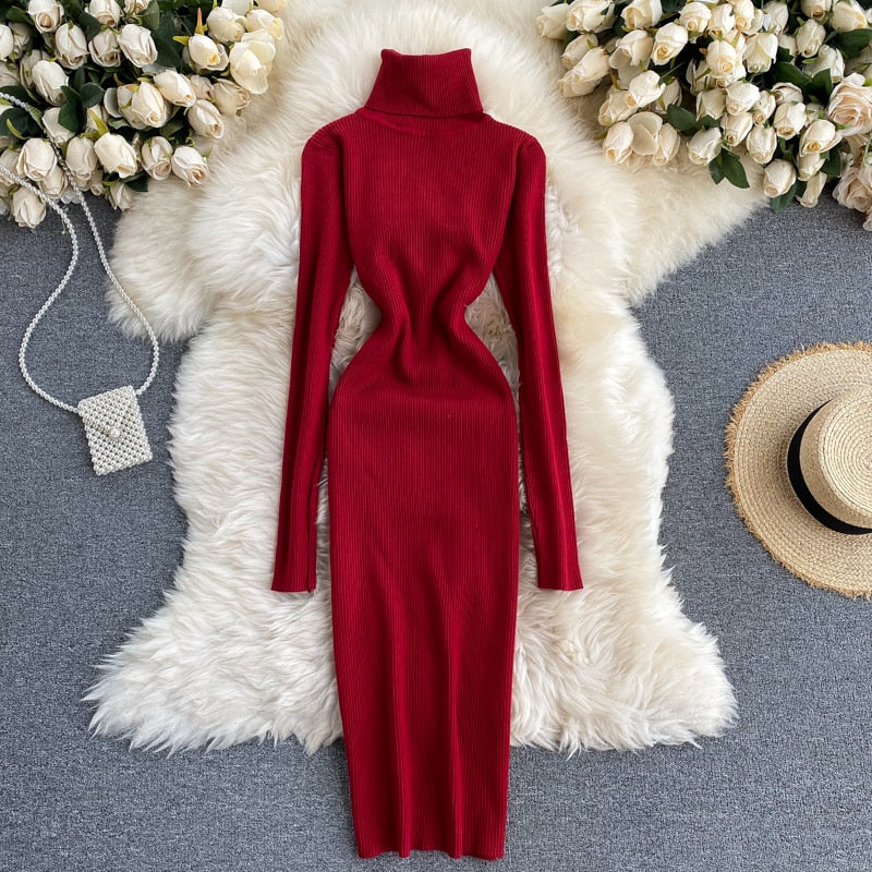 Women's Maxi Turtleneck Ribbed Sweater Dress | Winter