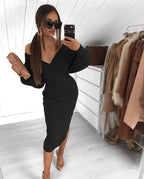 Women's Off-Shoulder Ribbed Pencil Midi Dress | Warm