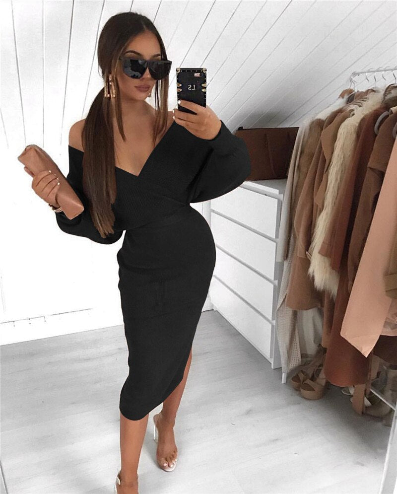 Women's Off-Shoulder Ribbed Pencil Midi Dress | Warm