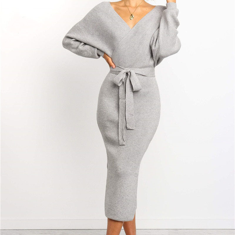 Women’s Tie Belt Wrap Knitted Dress | Midi