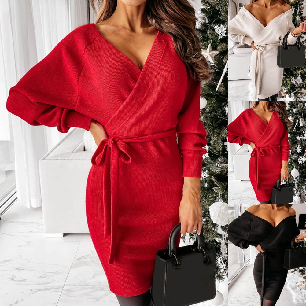 Women’s Winter Wrap Knitted Dress with Belt | Mini