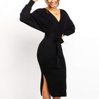 Women’s Tie Belt Wrap Knitted Dress | Midi