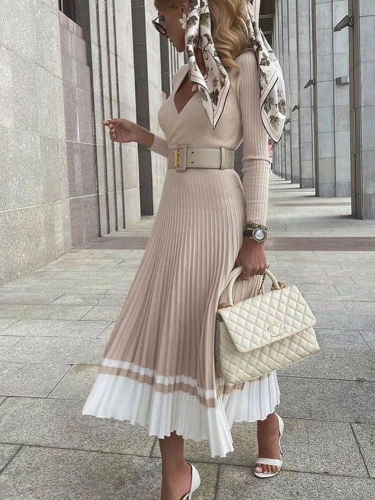 Women's Ribbed Pleated Midi Knit Dress | Waist Belt