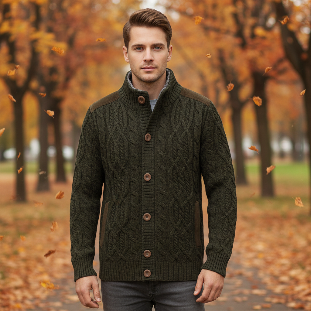 Men’s Cable Knit Button Cardigan | Stand Collar