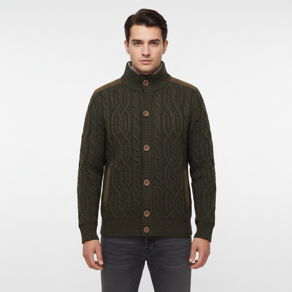 Men’s Cable Knit Button Cardigan | Stand Collar