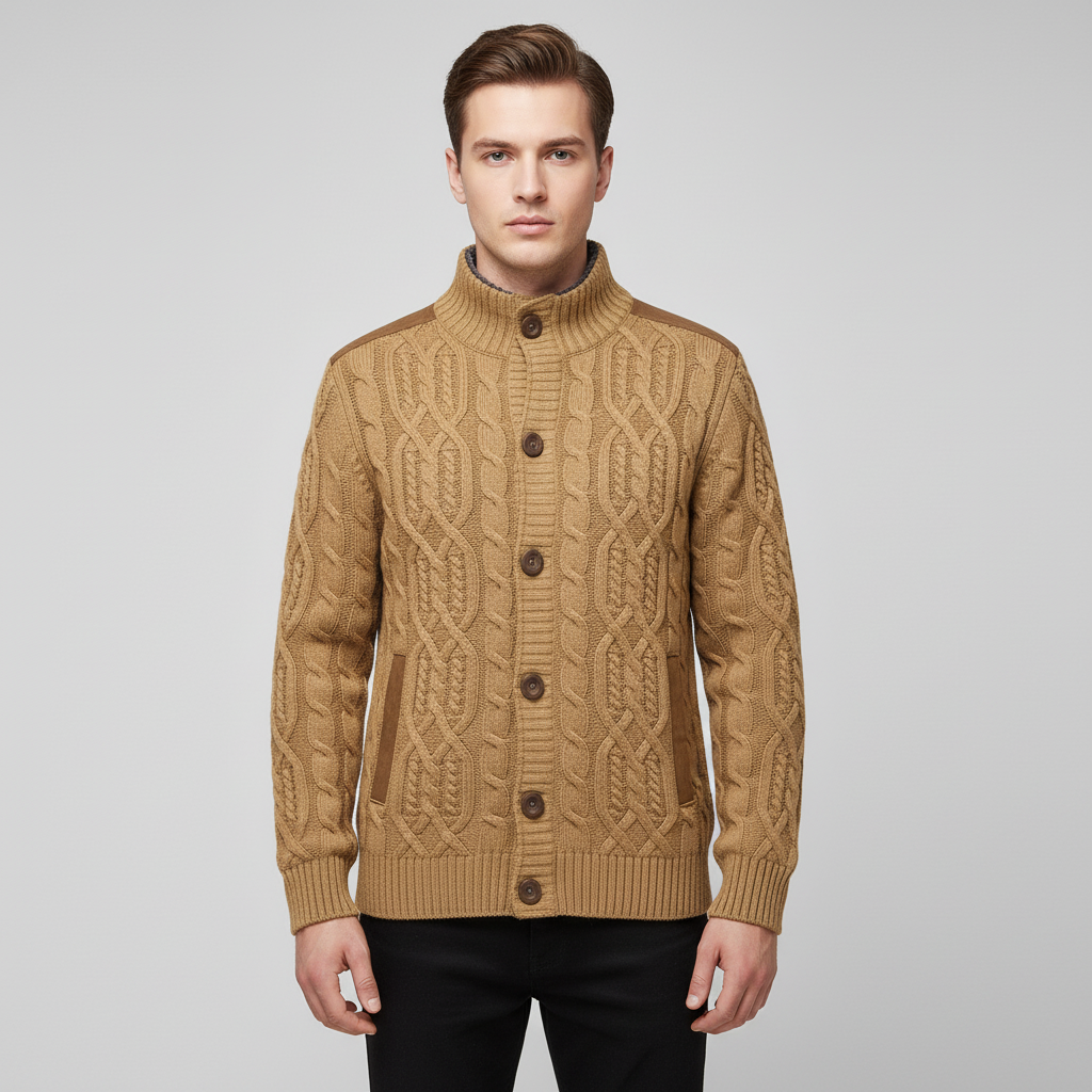 Men’s Cable Knit Button Cardigan | Stand Collar