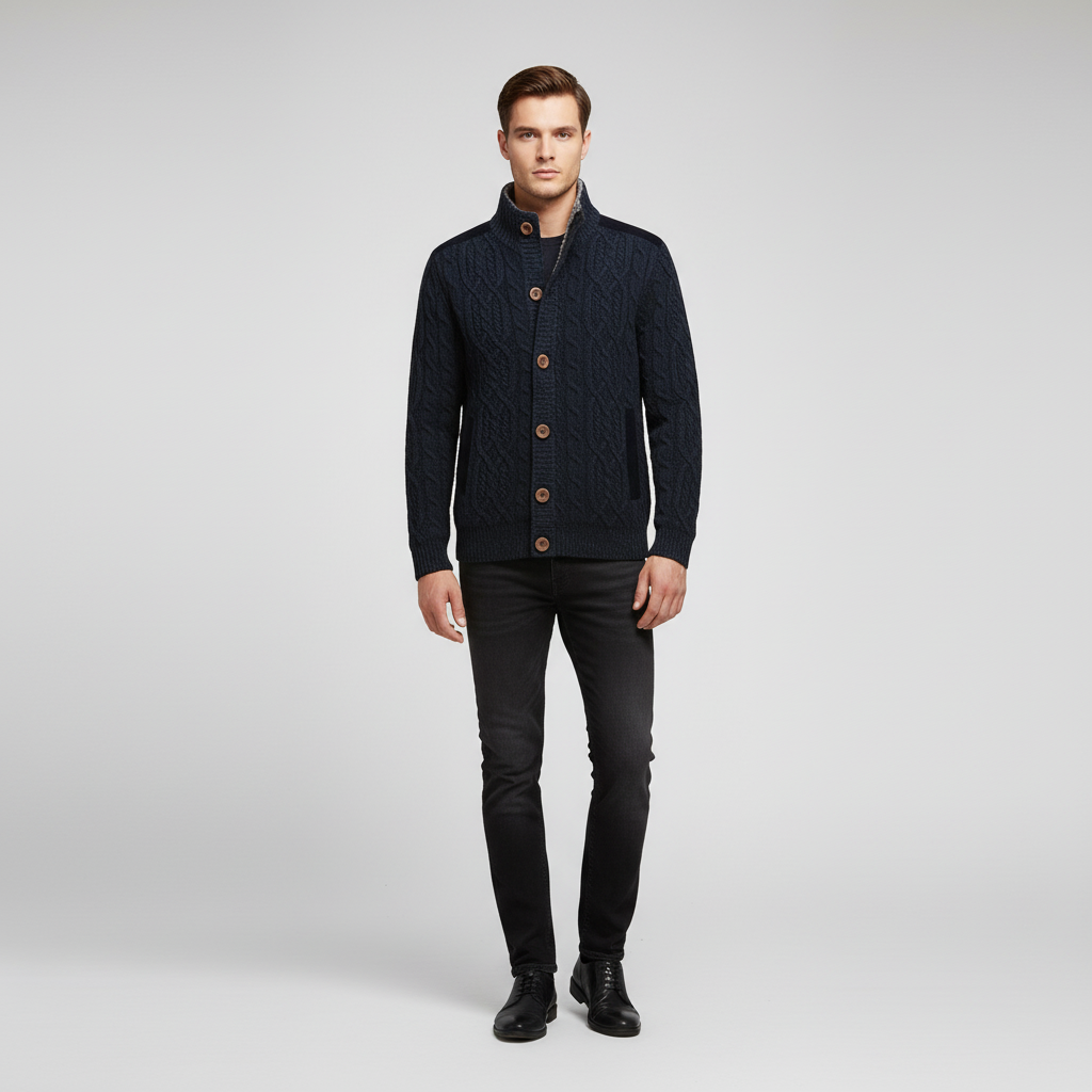 Men’s Cable Knit Button Cardigan | Stand Collar