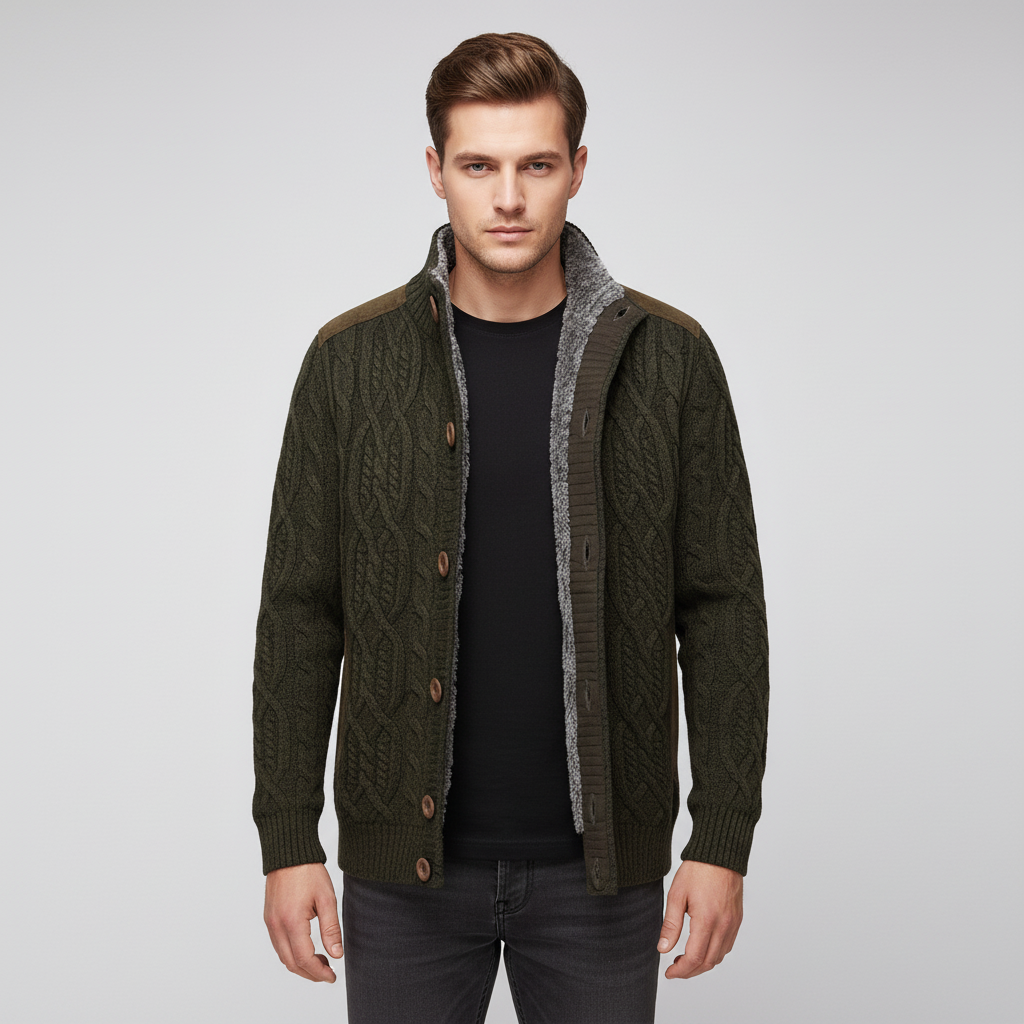 Men’s Cable Knit Button Cardigan | Stand Collar