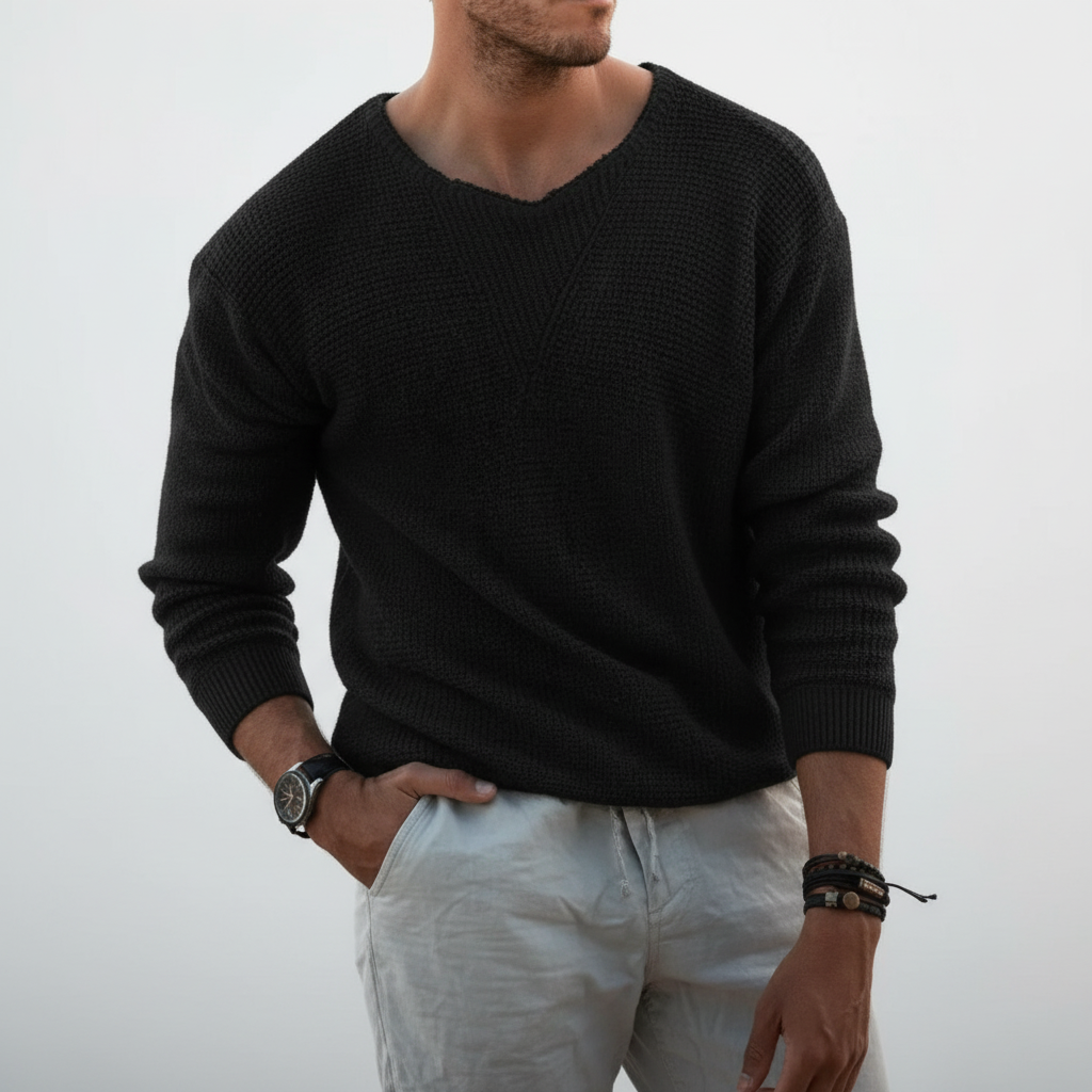 Men’s Waffle Knit Sweater | Notched Crew Neck