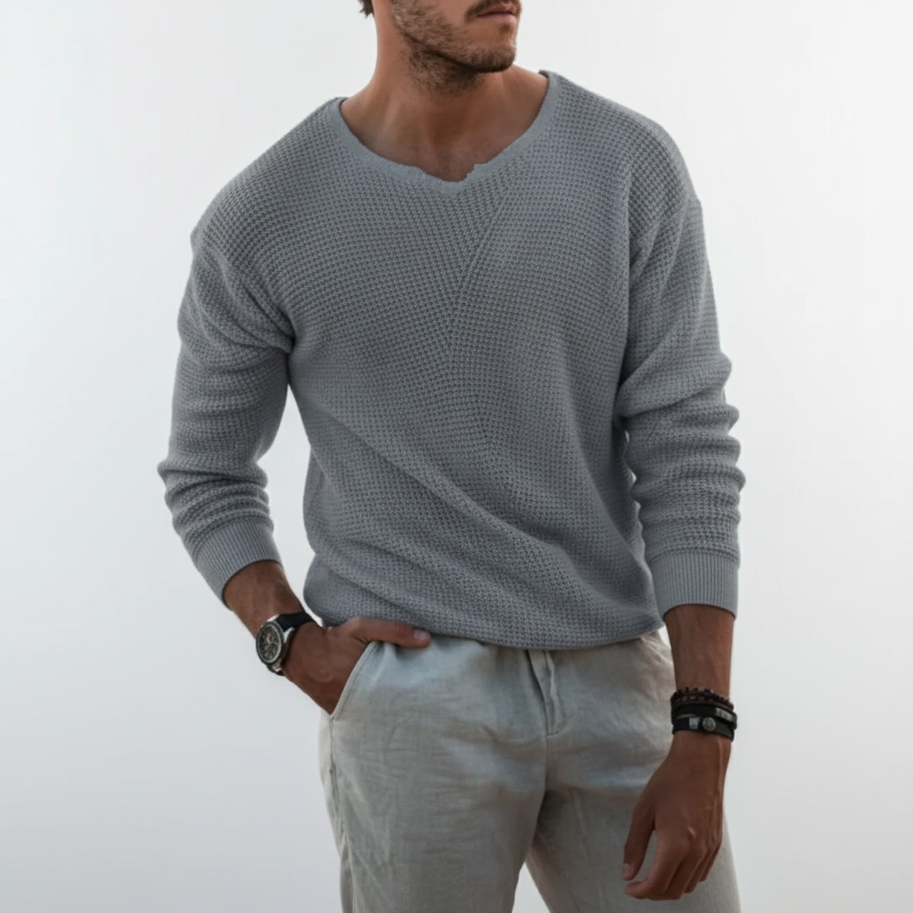Men’s Waffle Knit Sweater | Notched Crew Neck