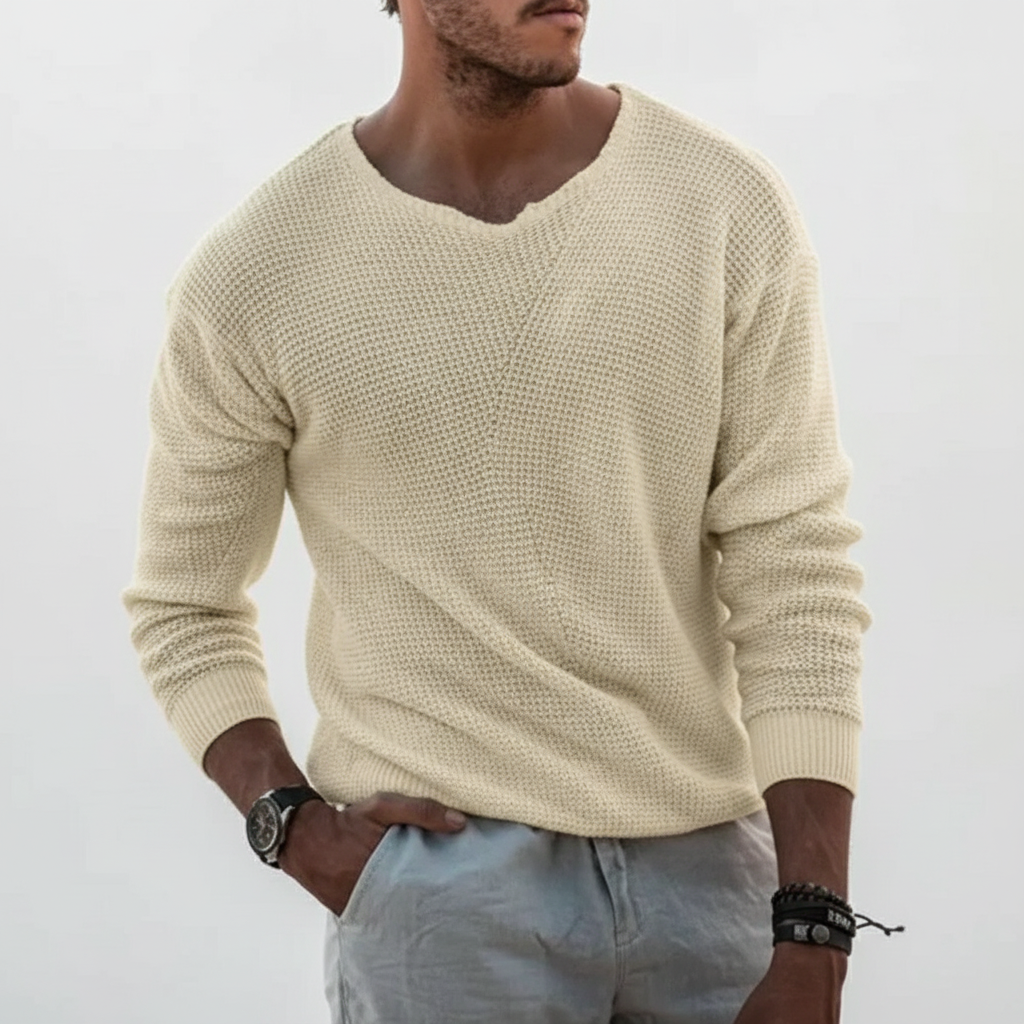 Men’s Waffle Knit Sweater | Notched Crew Neck
