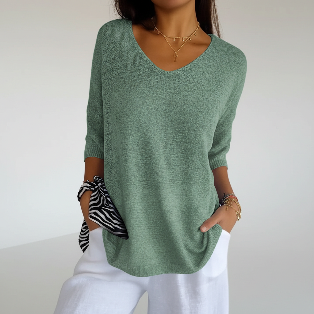 Women’s Casual V-Neck Knit Top | 3/4 Sleeves