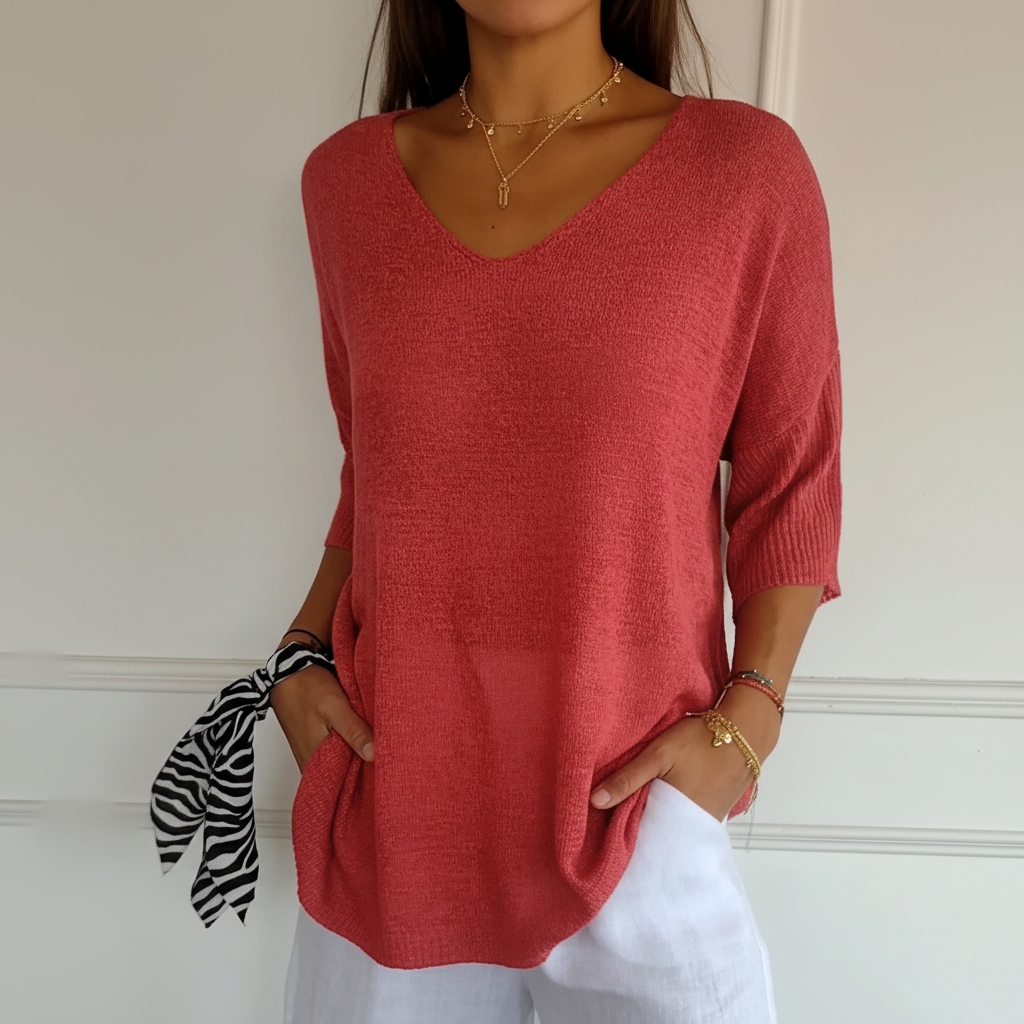 Women’s Casual V-Neck Knit Top | 3/4 Sleeves