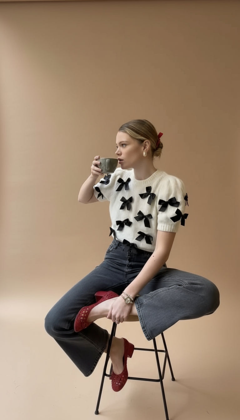 Women's Elegant Bow Knit Sweater | Puff Sleeves