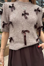 Women's Elegant Bow Knit Sweater | Puff Sleeves