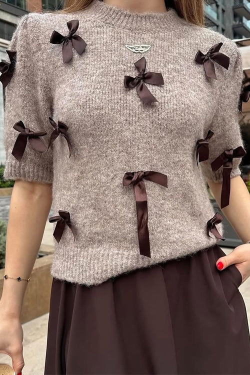 Women's Elegant Bow Knit Sweater | Puff Sleeves