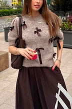 Women's Elegant Bow Knit Sweater | Puff Sleeves