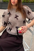 Women's Elegant Bow Knit Sweater | Puff Sleeves