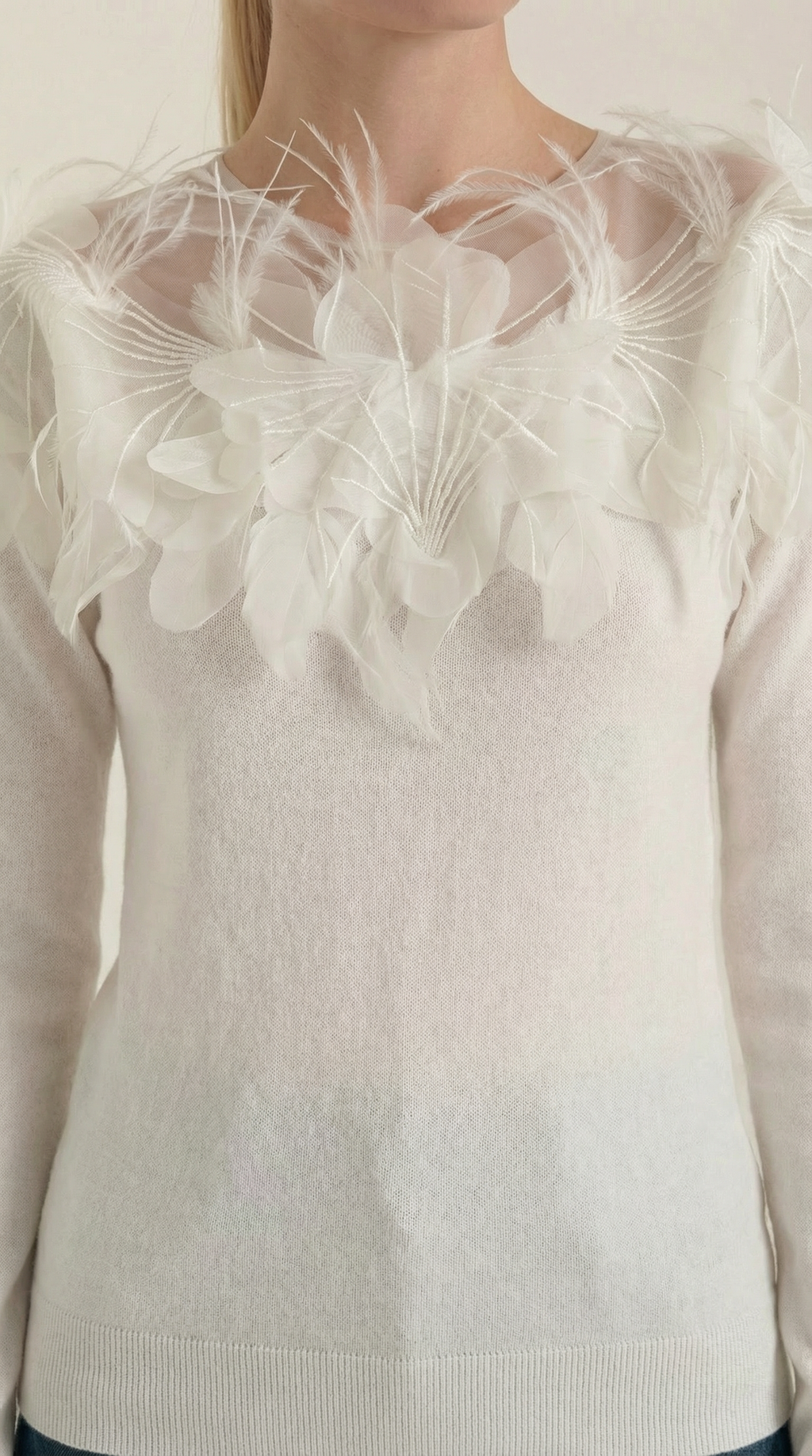 Women's Chic Crew Neck Jumper | Feather Detail