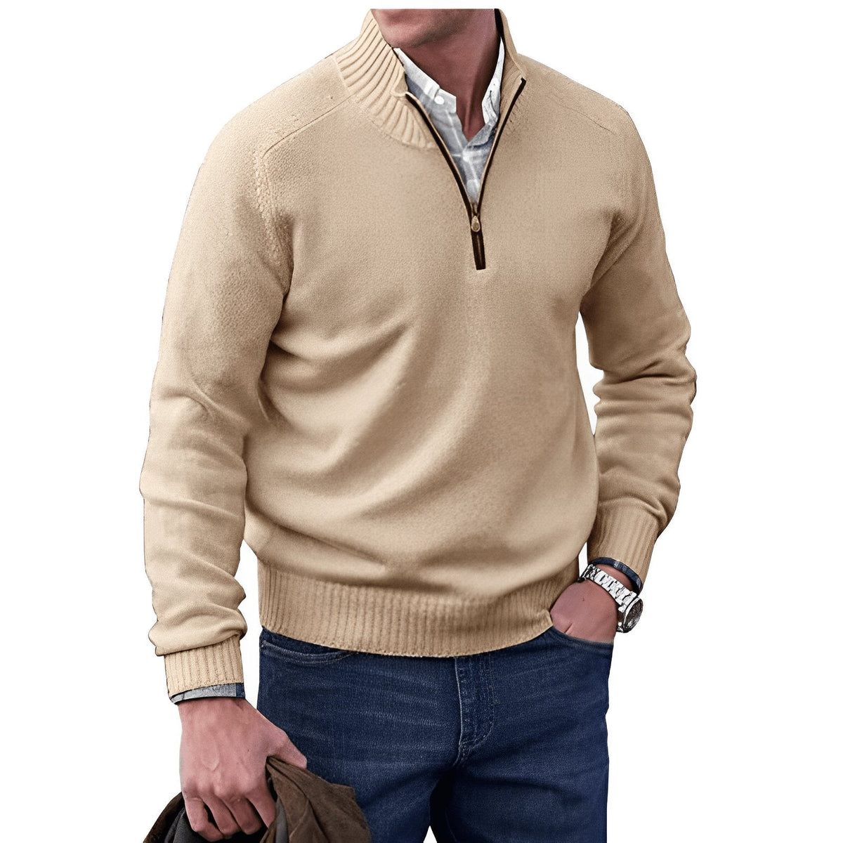 Men's Quarter Zip Knit Sweater | Ribbed Collar