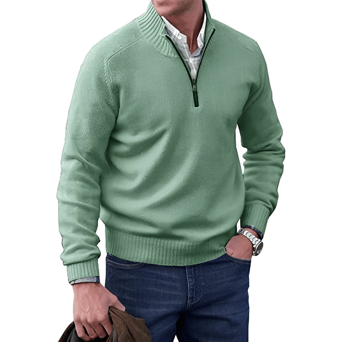 Men's Quarter Zip Knit Sweater | Ribbed Collar