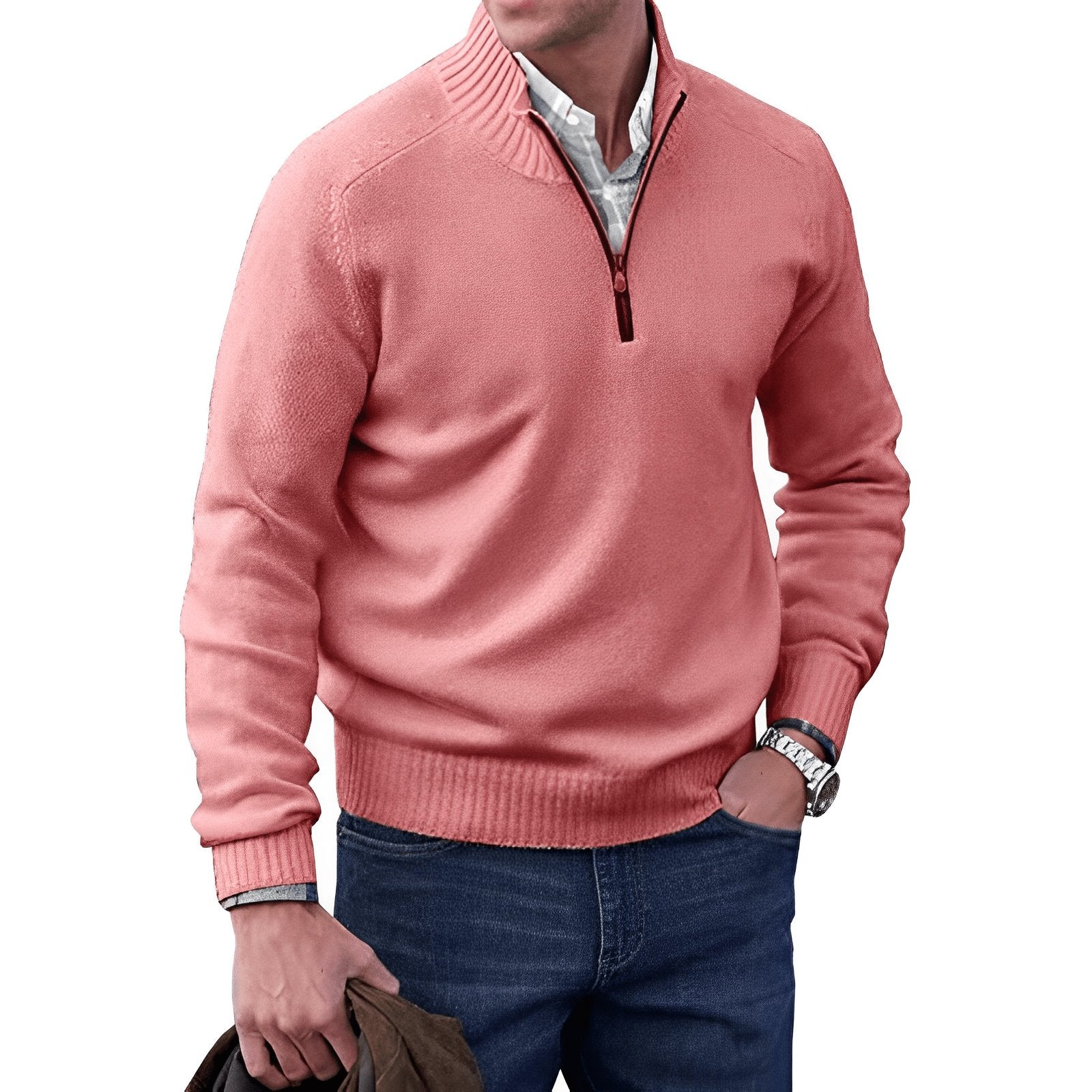 Men's Quarter Zip Knit Sweater | Ribbed Collar