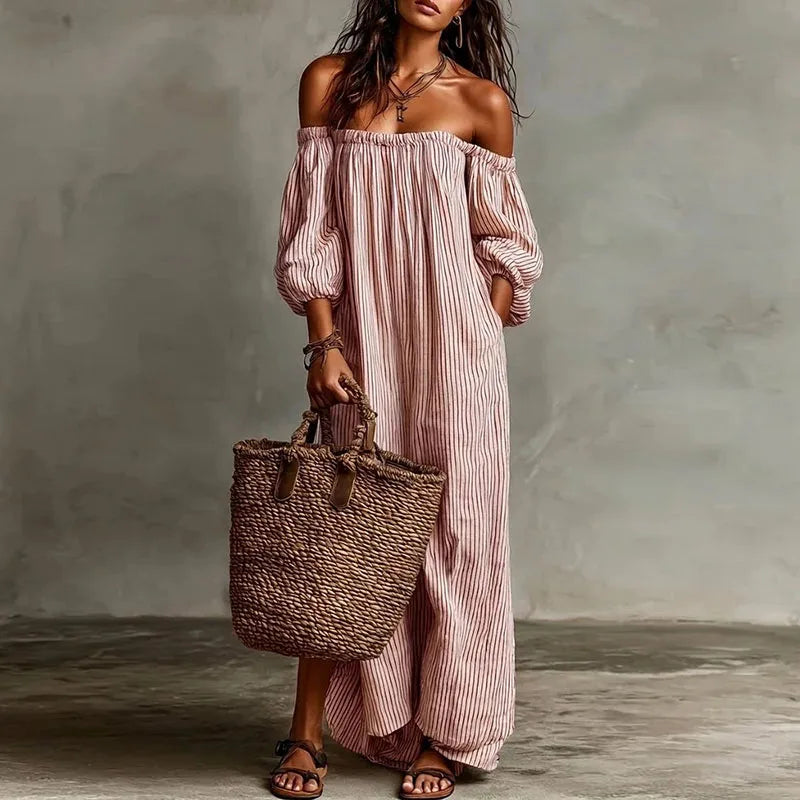 Women's Off-Shoulder Striped Loose Fit Dress | Maxi