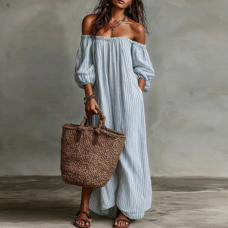 Women's Off-Shoulder Striped Loose Fit Dress | Maxi