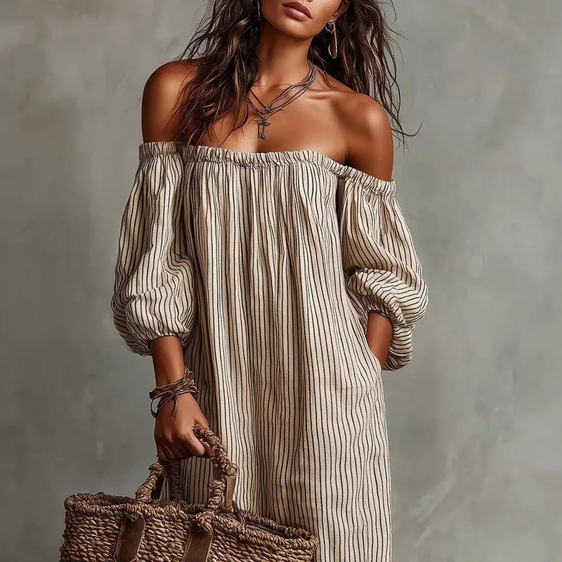 Women's Off-Shoulder Striped Loose Fit Dress | Maxi