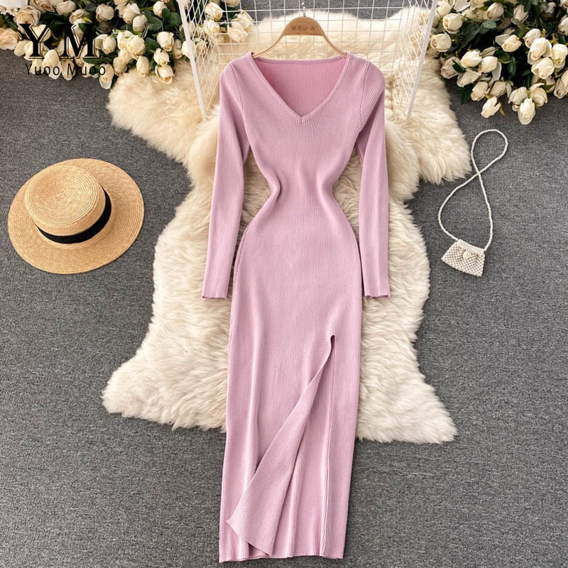 Women’s Ribbed Long Sleeves Knit Bodycon Dress | Maxi