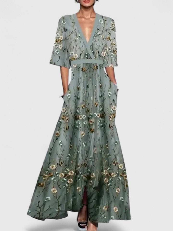 Women's Elegant A-Line V-Neck Dress | Maxi