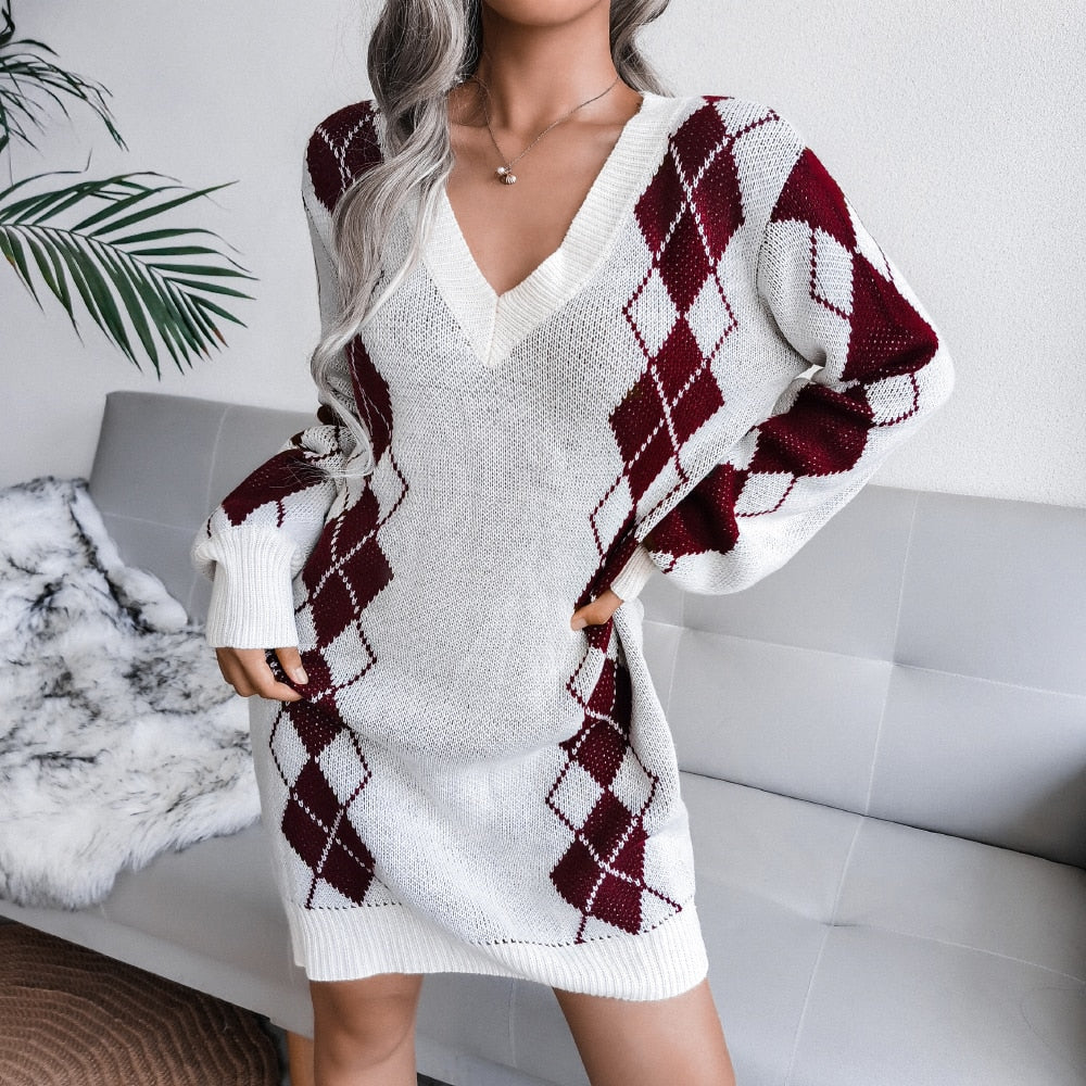 Women’s Winter Knit Printed Sweater Dress | Mini