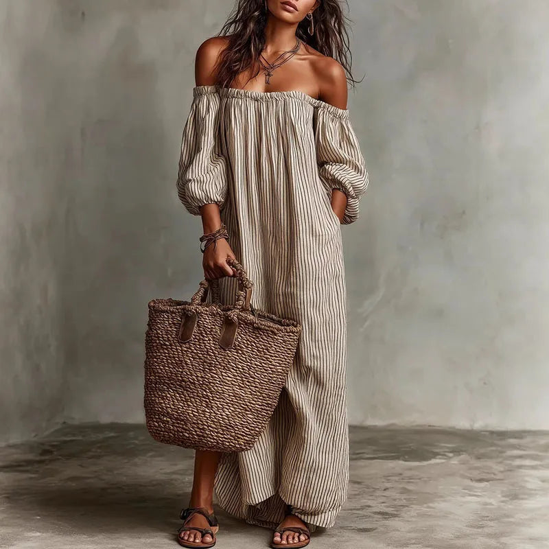 Women's Off-Shoulder Striped Loose Fit Dress | Maxi